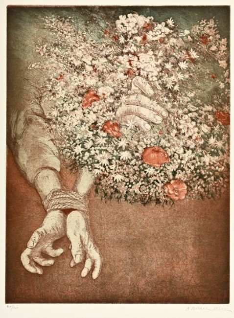 Akbar Behkalam, Bound Hands with a Bouquet of Flowers, 1980