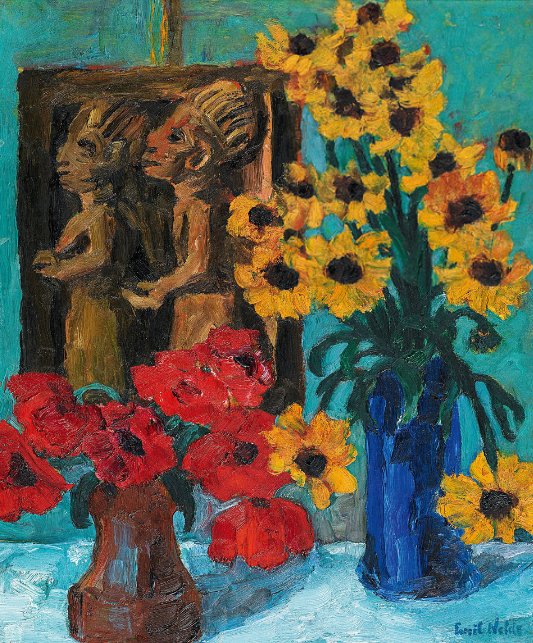 Emil Nolde, A Still Life of Flowers with a Wooden Sculpture, 1928