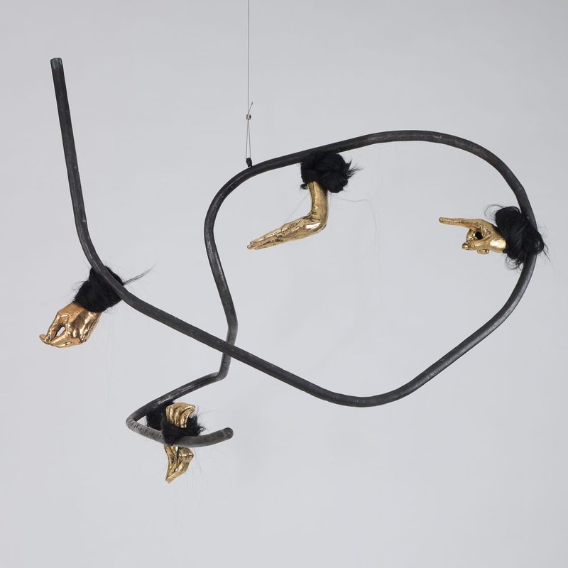Nastaran Safaei, Spring hanging mobile (5 bronze hands) , 2021