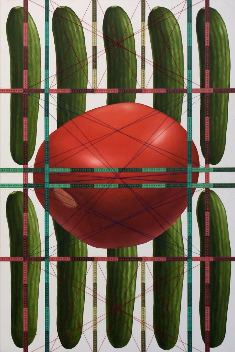 Ali Alemzadeh Ansari, Ten Cucumbers and a Tomato Fitted into an Unrelated Pattern, 2021