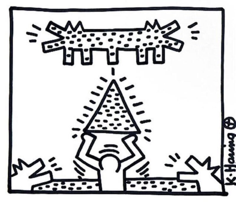 Keith Haring, Men, Pyramid, Double Headed Barking Dog, 1983