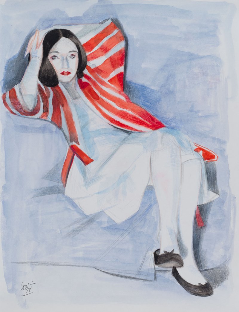 Hosein Shirahmadi, Sitting Girl in Stripped Red Robe, 2024