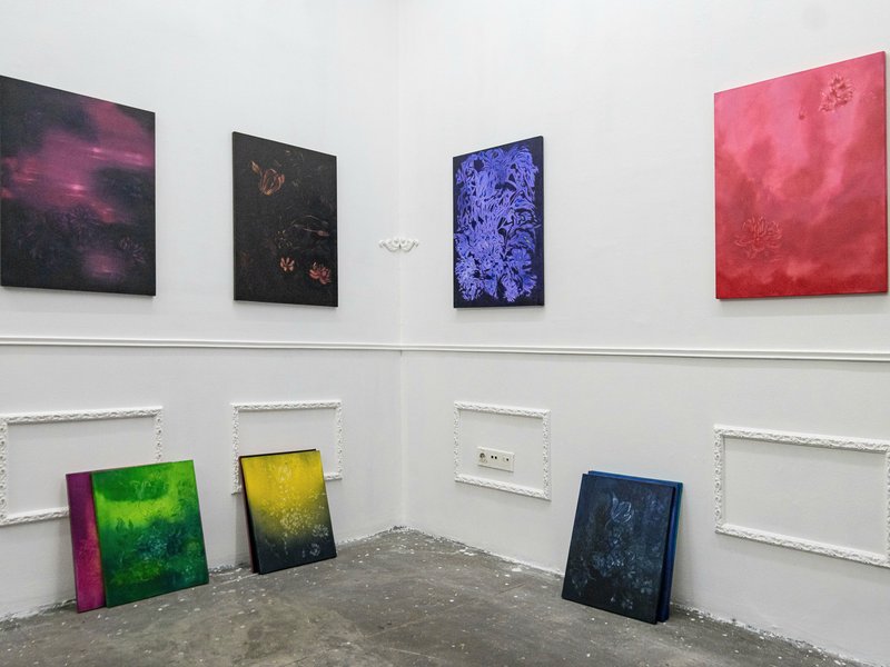 Bouquets of Glimmering Flowers in Fading Vases over Frames , installation view