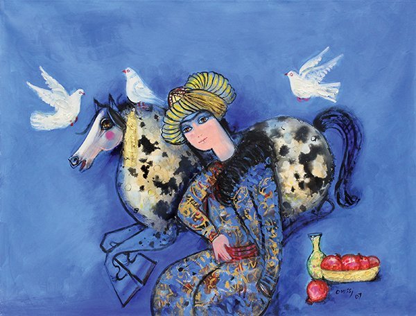 Nasser Ovissi, Man with Horse and Doves, 2007
