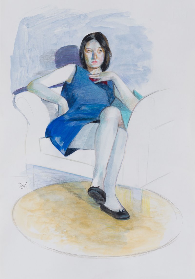 Hosein Shirahmadi, Sitting Girl in Blue Dress with Yellow Carpet, 2025