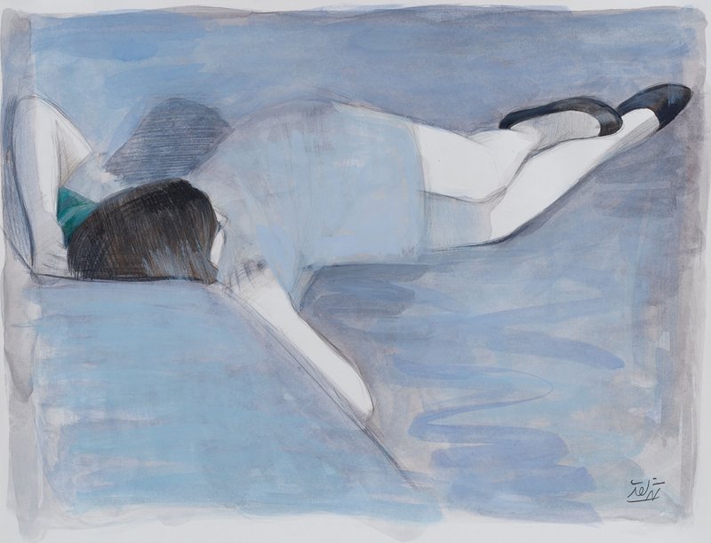 Hosein Shirahmadi, Lying Figure on Light Grey Blue, 2025