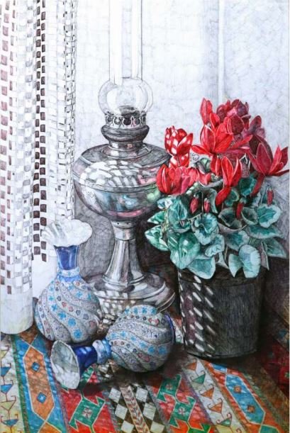 Sara Pourfarzaneh, Oil Lamp and Cyclamen, 0
