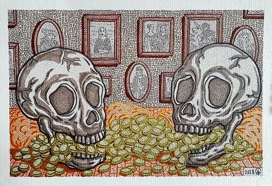 Amin Montazeri, Still Life with the Skull of the Painter and His Model, Along with Gold Coins, 2018