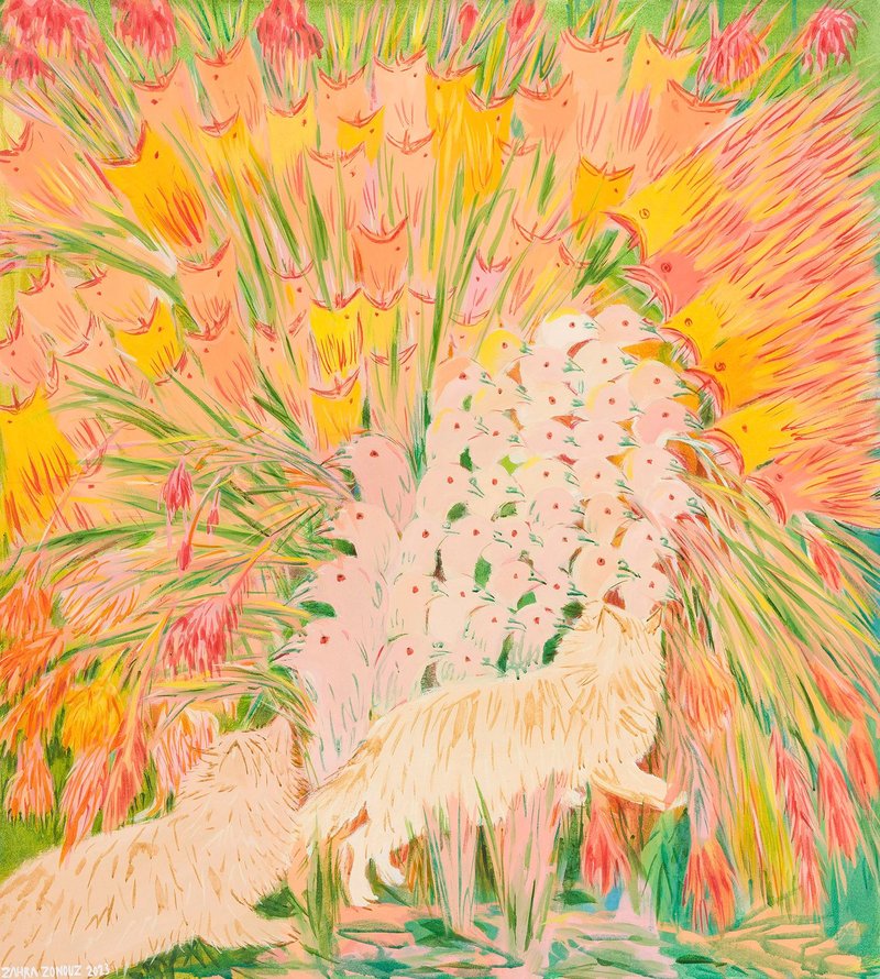 Zahra Nouri Zonouz, Pigeons and Two Cats, 2023