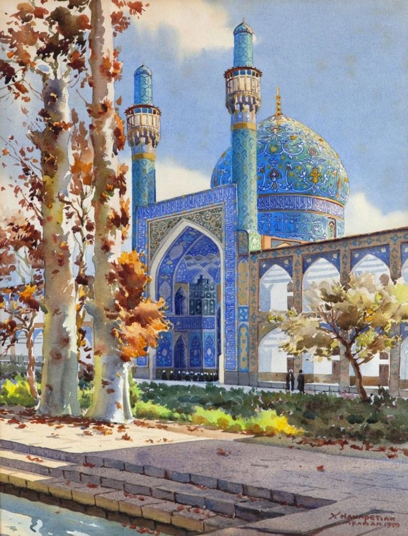 یرواند ناهاپتیان، منظره‌ی ورودی مسجد «مادر شاه» در چهارباغ اصفهان، 1338